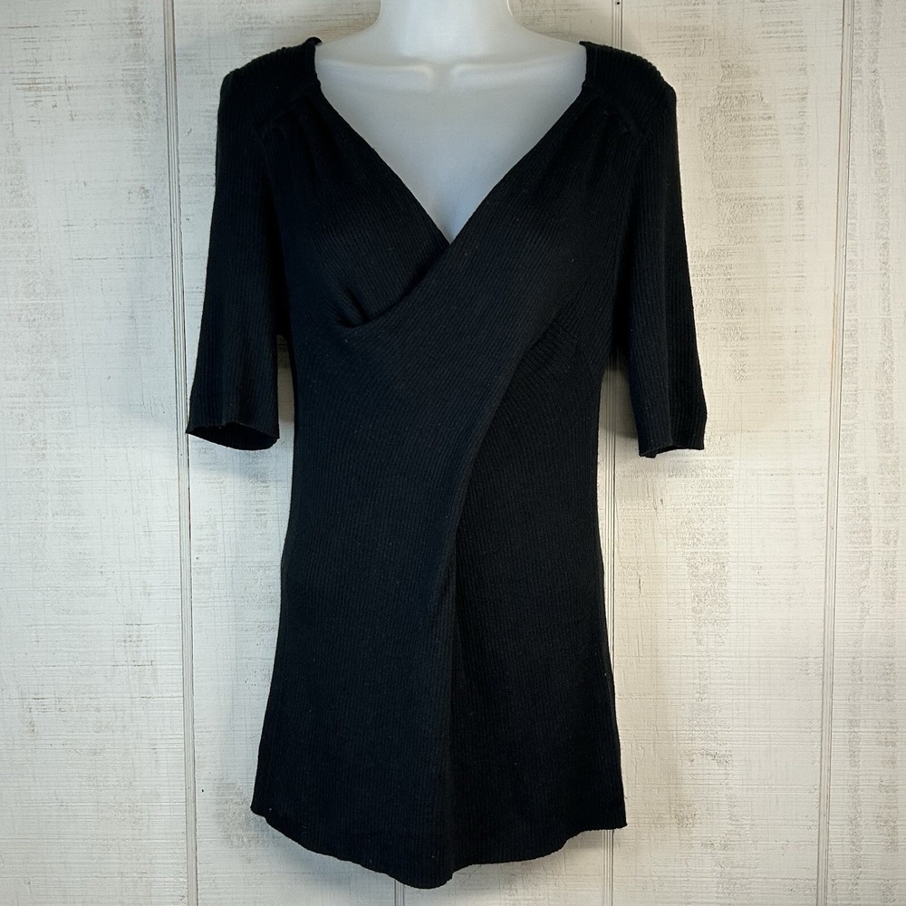 Banana Republic Rib Knit Tunic Top XL V Neck Cotton Wool Blend Black Casual